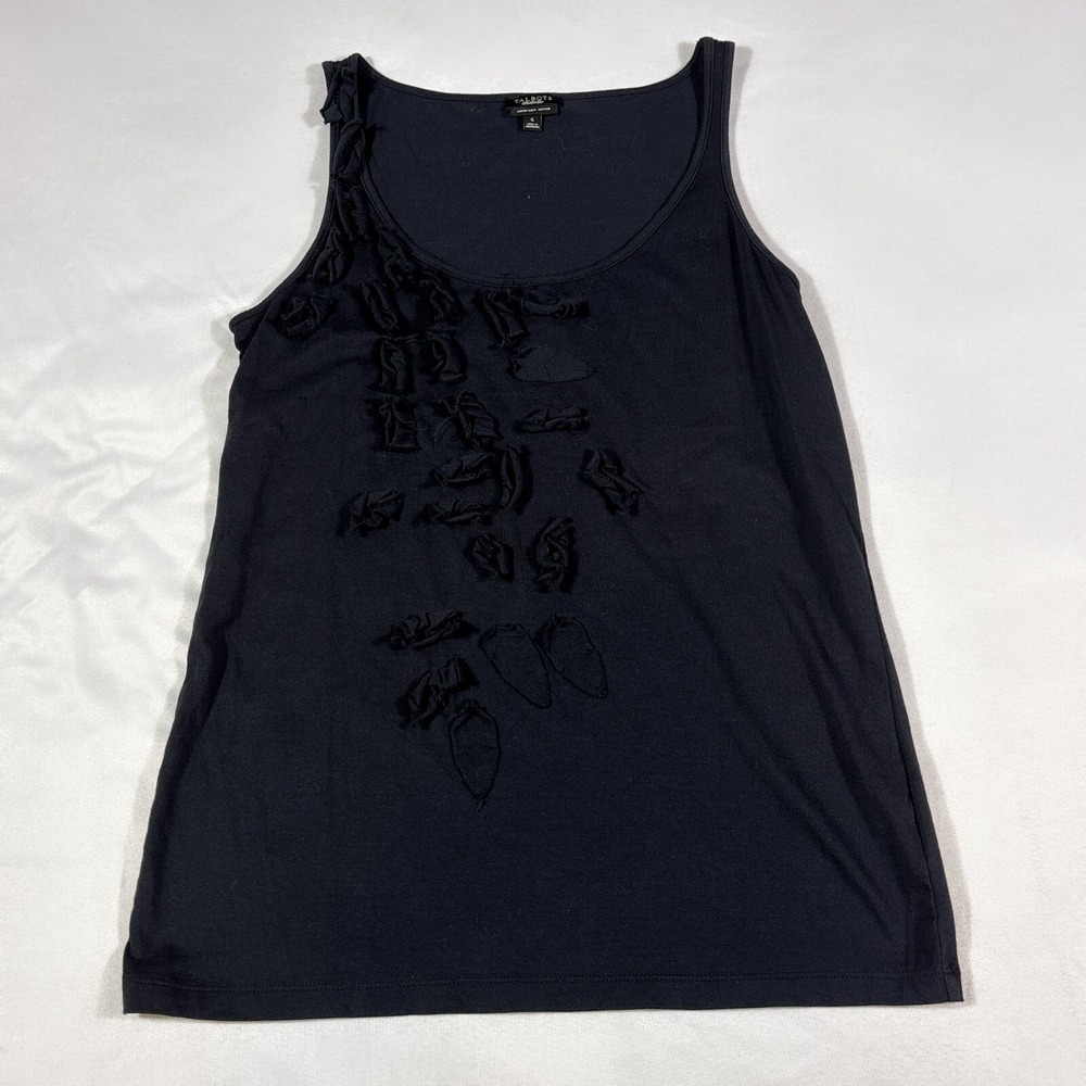 Talbots Tank Top Women Small Black 100% Pima Cotton Flower Scope Neck Pullover